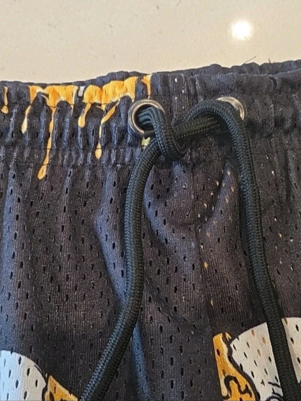 Mens Black Mesh Shorts with Yellow Drip Skull Print XL
